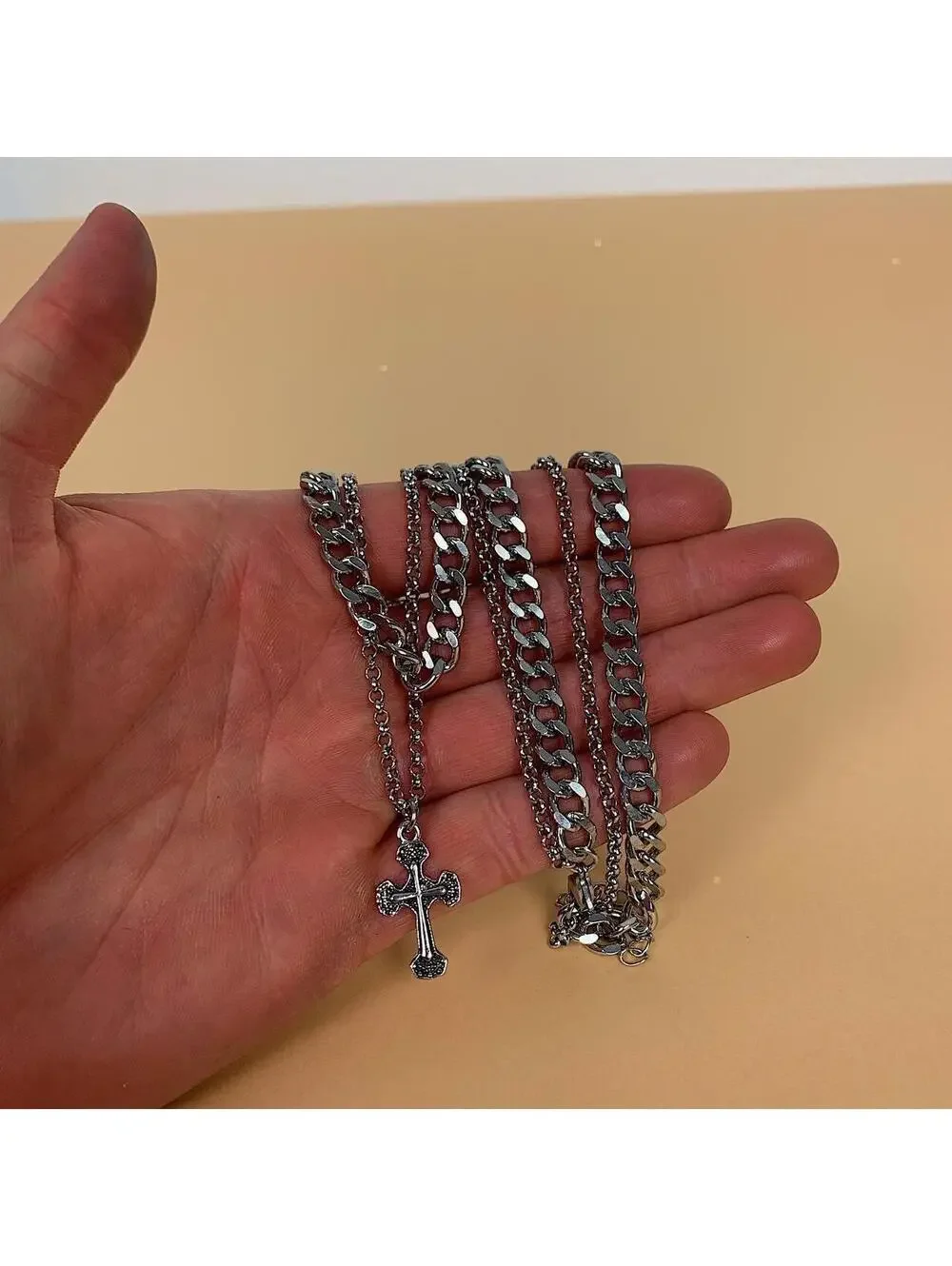 Y2k 2000s style Stainless Steel Double layer silver chrome cross chain grunge